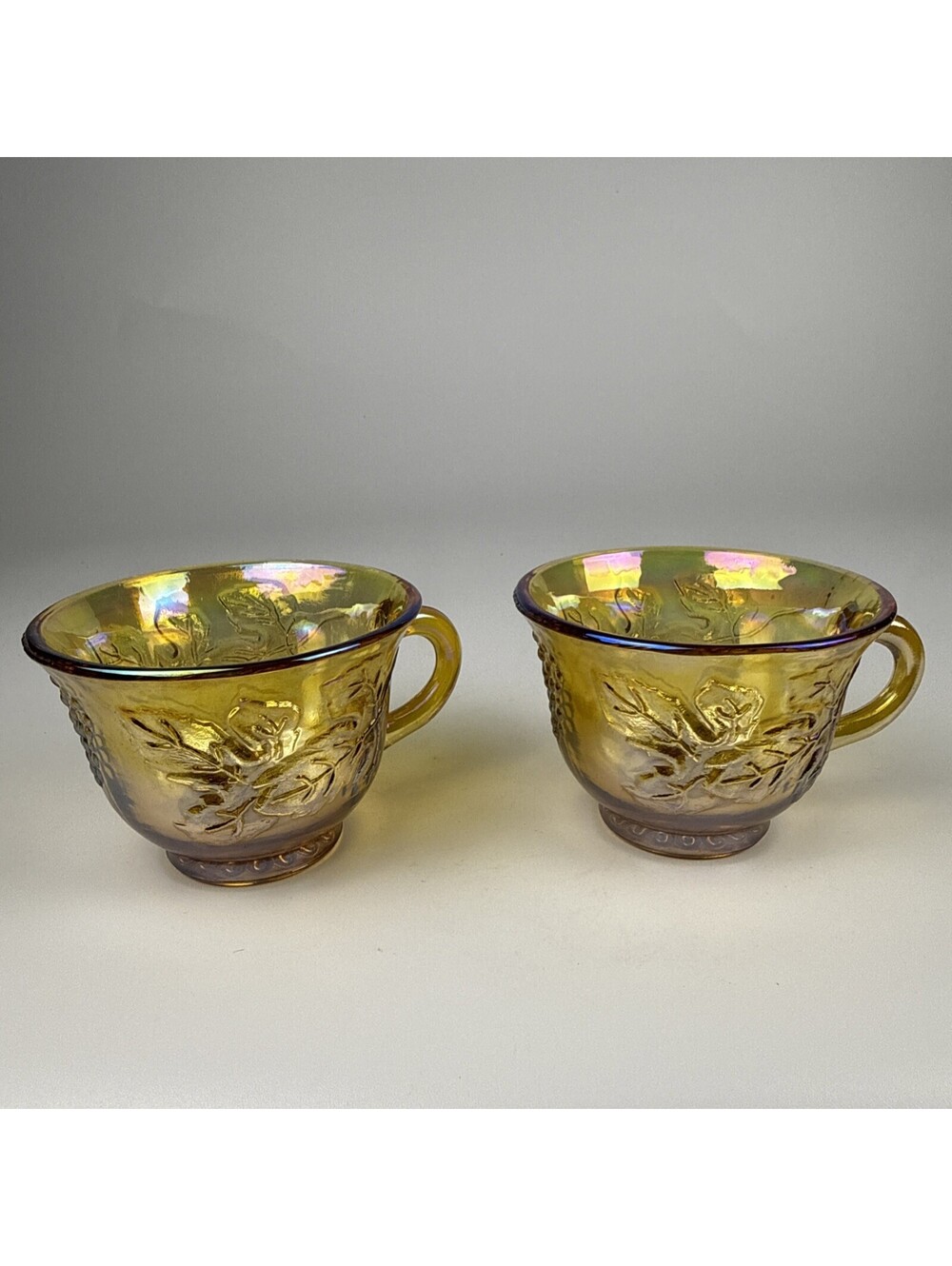 Indiana Glass Harvest Grape Punch Cups Set 2 Marigold Carnival Amber Gold Vials